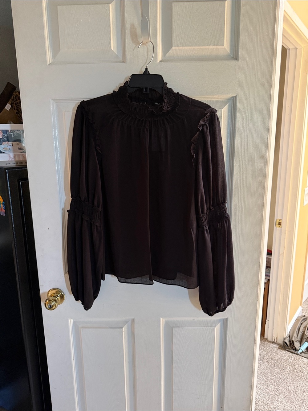 Max Studio Dark Brown Ruffle Mock-Neck Blouse
